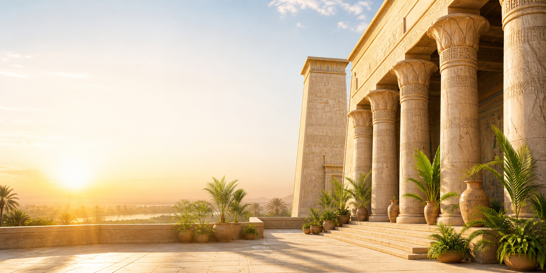 Sunlit Ancient Kemet-inspired temple courtyard with pale columns and greenery